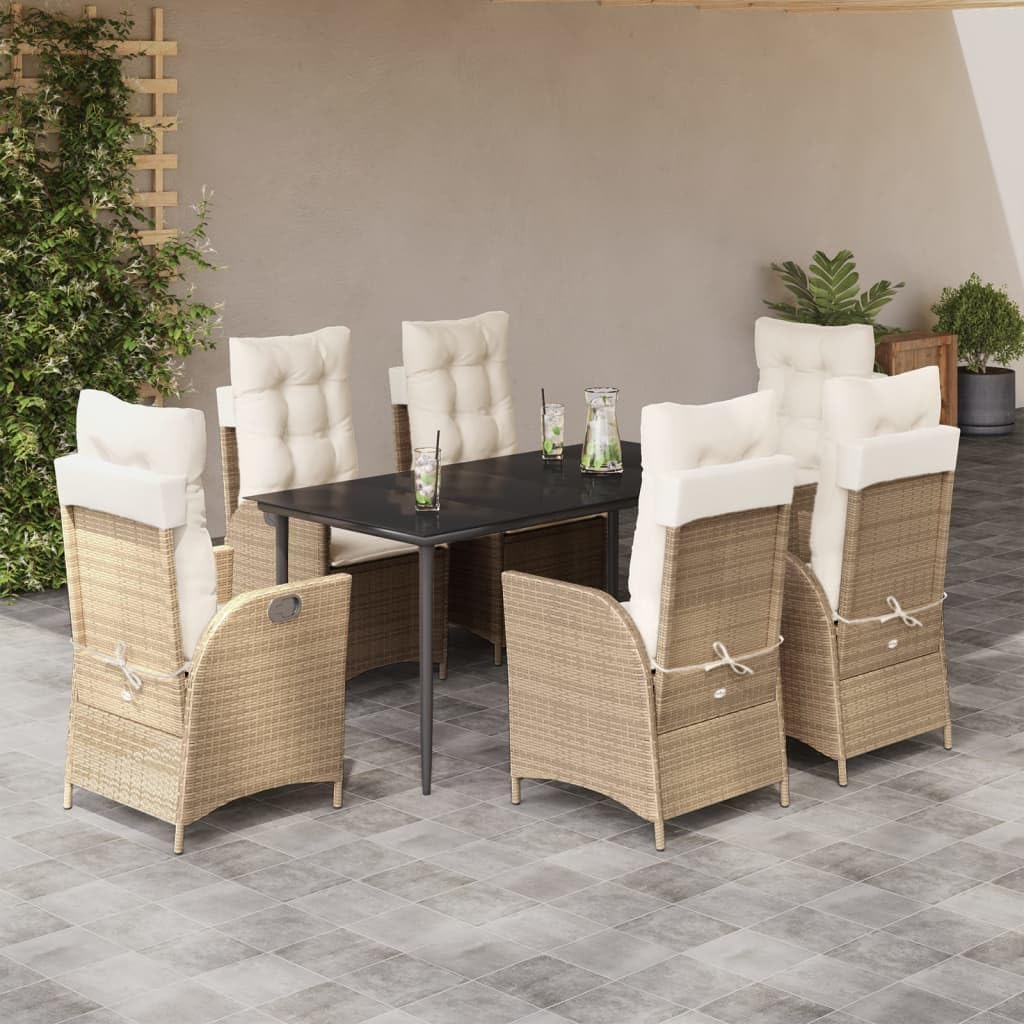 7 Piece Patio Dining Set with Cushions Beige Poly Rattan,Premium Outdoor Dining Set with Adjustable Backrests for Patio, Garden, and Yard Furniture Sets for Patio, Lawn & Garden