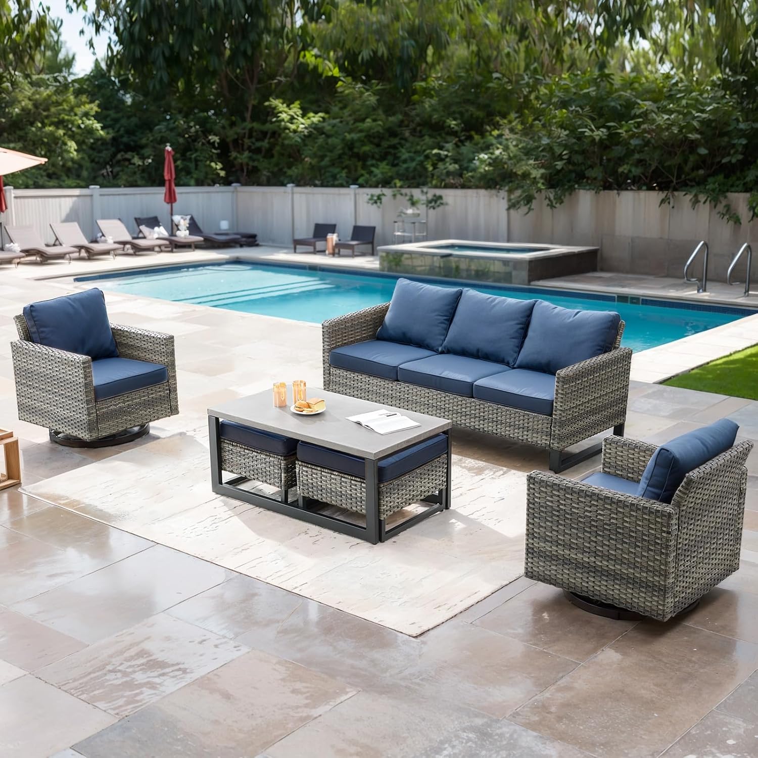 Wicker Outdoor Patio Furniture Set - 6 Piece Patio Conversation Set with 2 Swivel Rocker Chairs,2 Rattan Ottoman,1 Couch and 1 Metal Coffee Table for Outside Porch Deck Backyard(Mixed Grey/Blue)