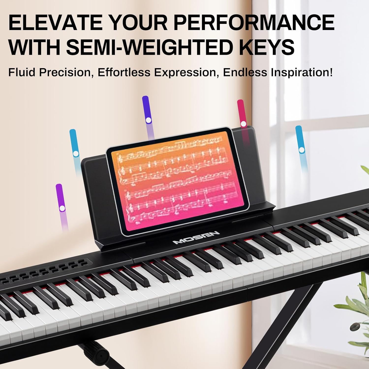 MOSEN 88-key digital piano keyboard with semi-weighted keys, double keyboard, LED display, 380 tones, 128 rhythms, 88 demo songs, Piano Lessons, keyboard stand and sustain pedal.(MSP-45BK)-Black