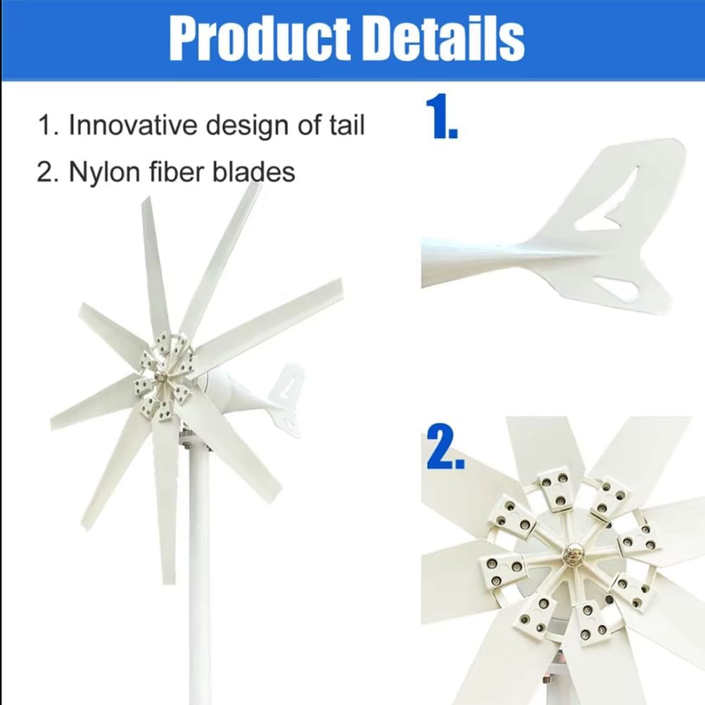 Portable Wind Turbine Generator Kit,5000W 8-Blade 3-Phase Ac Permanent Magnet Generator for Home, RV, And Off-Grid Use White,12V