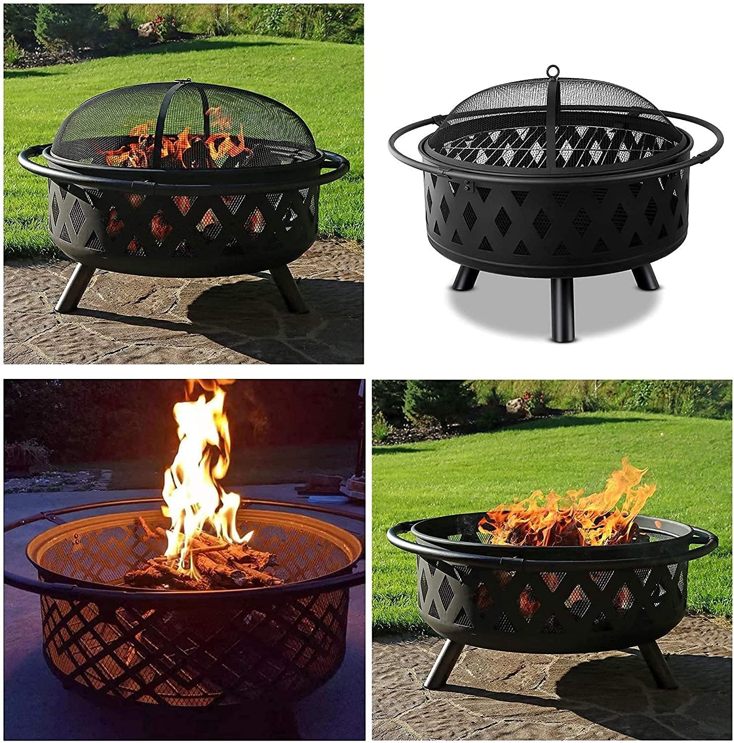 32 Inch Large Fire Pit,Crossweave Outdoor Fire Pit Round Fire Pit with Grid Poker Patio Bonfire BBQ Grill Firepit
