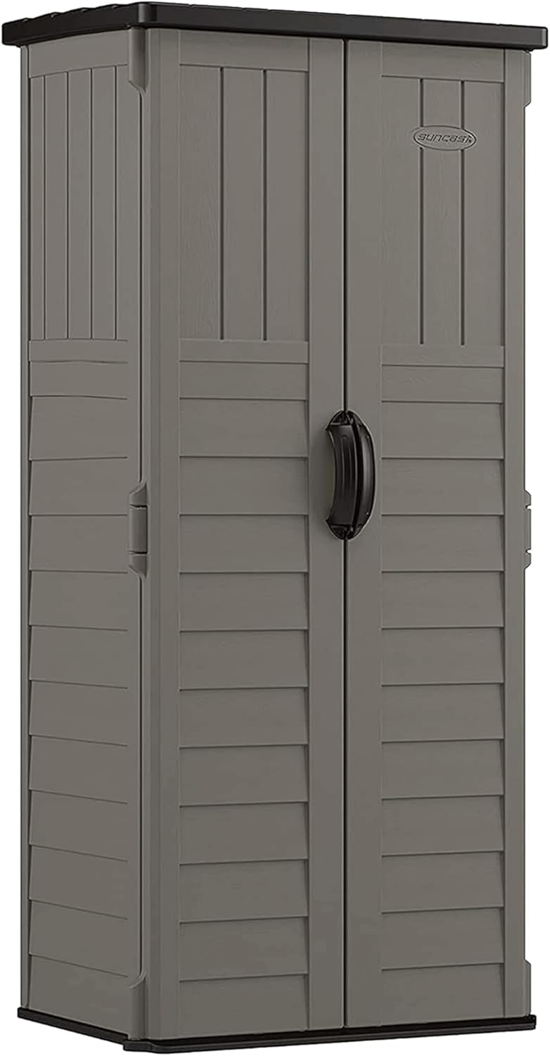 Suncast 22 Cubic Ft. Vertical Resin Outdoor Storage Shed with Lockable Double Doors, Weather-Resistant Multi-Wall Panels, Stoney