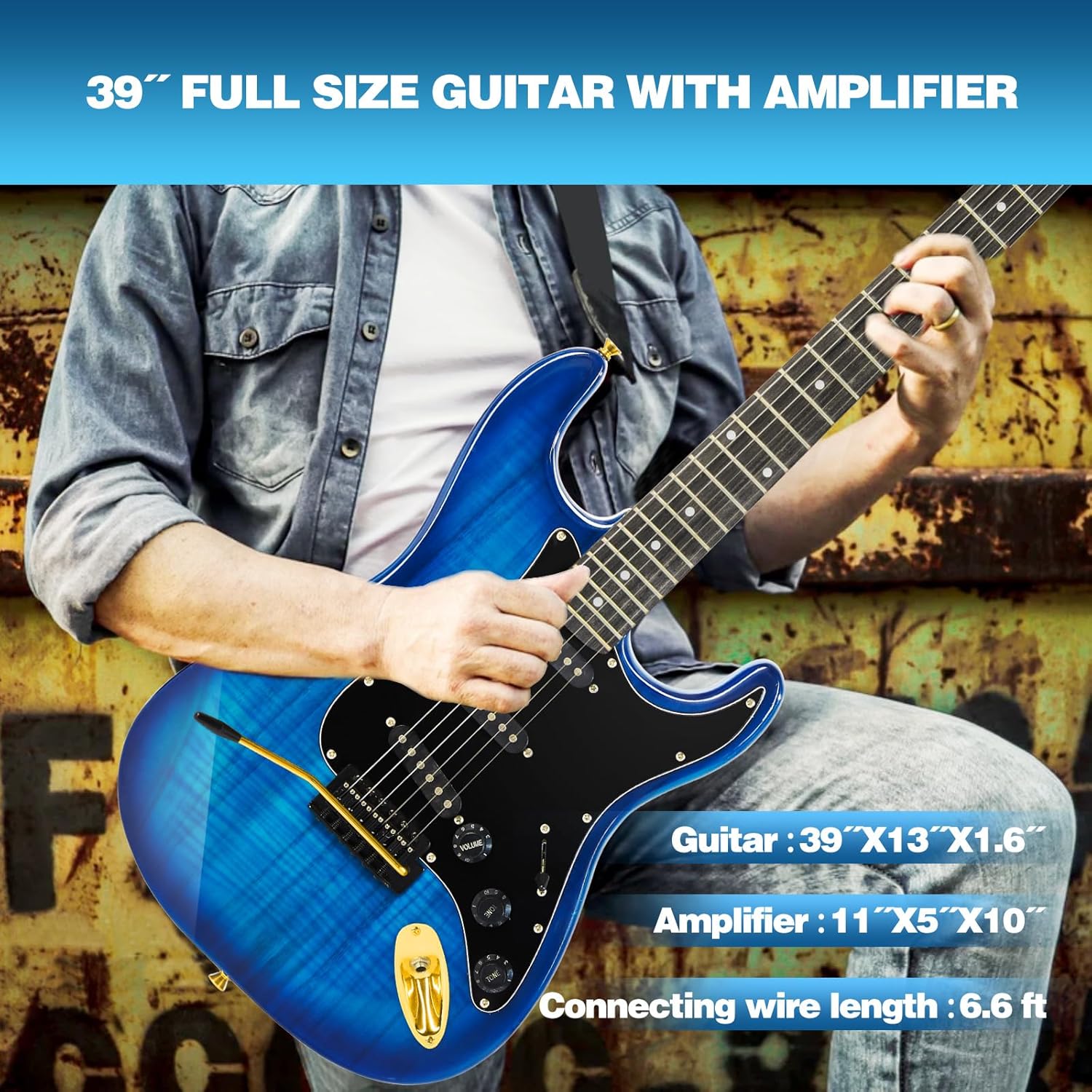 MUSTAR Electric Guitar Kit with 25W Amplifier, 39 Inch Full Size Solid Wood Electric Guitar Beginner Kits, Gig Bag, Capo, Strap, Cable, Picks, Birthday Holiday Gifts (BLUE)