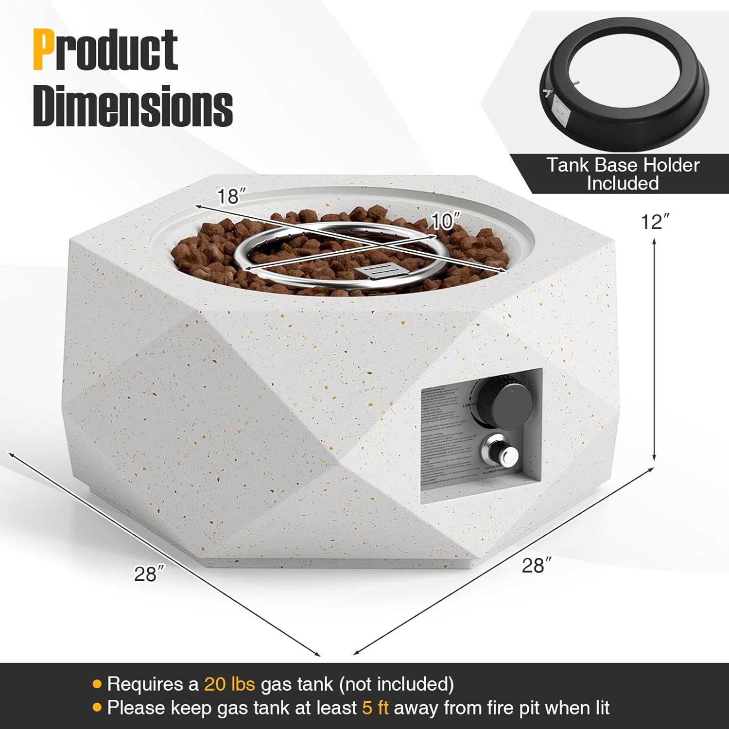 Tangkula Propane Fire Pit Table, 28” Hexagon Terrazzo Gas Fire Pit with Stainless Steel Burner & Lava Rocks, Protective Cover & Tank Seat Included, 40,000 BTU Smokeless Fire Pit for Outside Patio