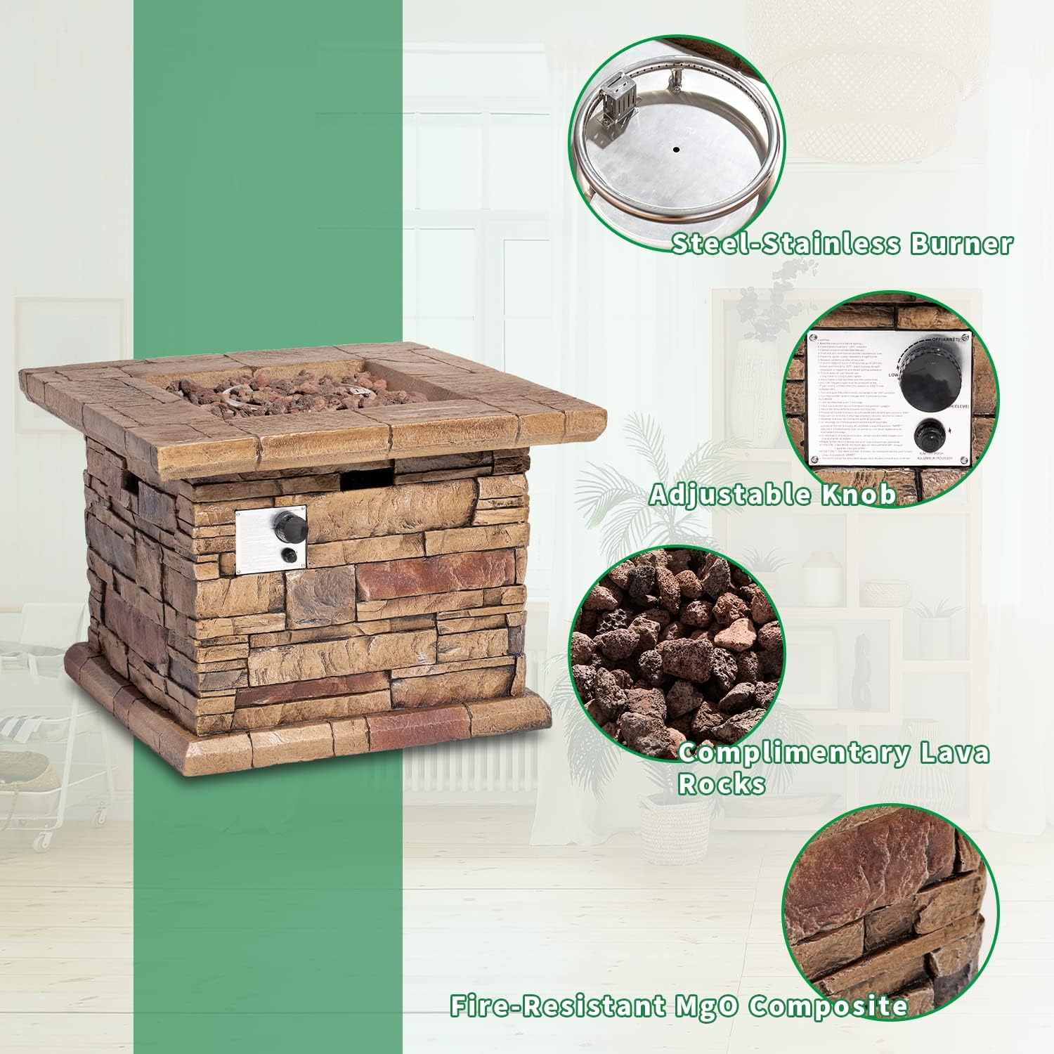 Outdoor Propane Fire Pit Table, 32 Inch 40,000 BTU Brown Square Concrete Gas Fire Table w Lava Rocks, Rain Cover, Fits 20 lb Propane Tank Inside, Imitation Stone Design