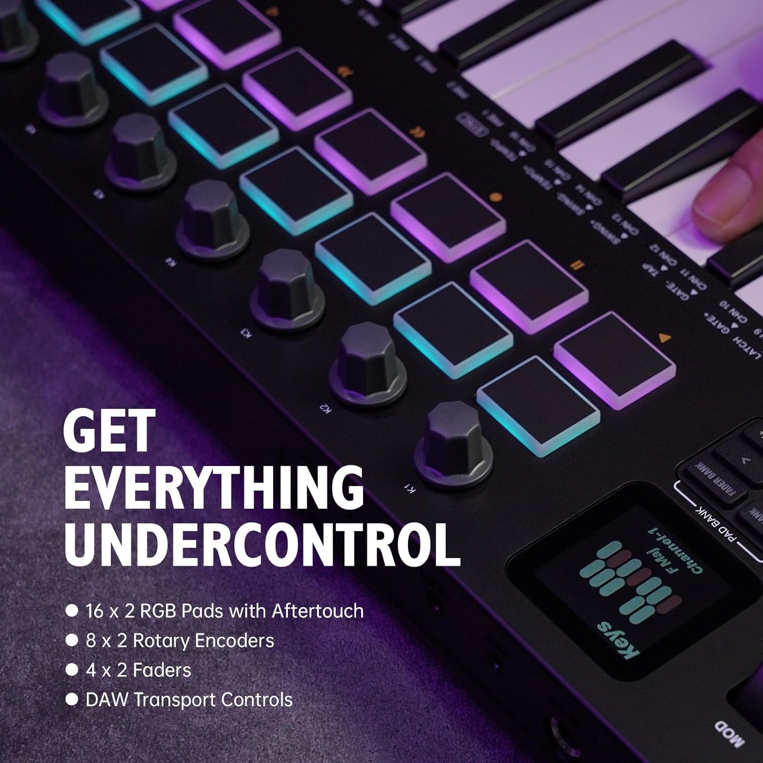 M-VAVE MIDI Keyboard Controller 37-Key 16 Backlit Drum MPC Pads, 8 Knobs，DAW Integration Arpeggiator DAW Software USB/Wireless Connection Professional Music Production Display Screen