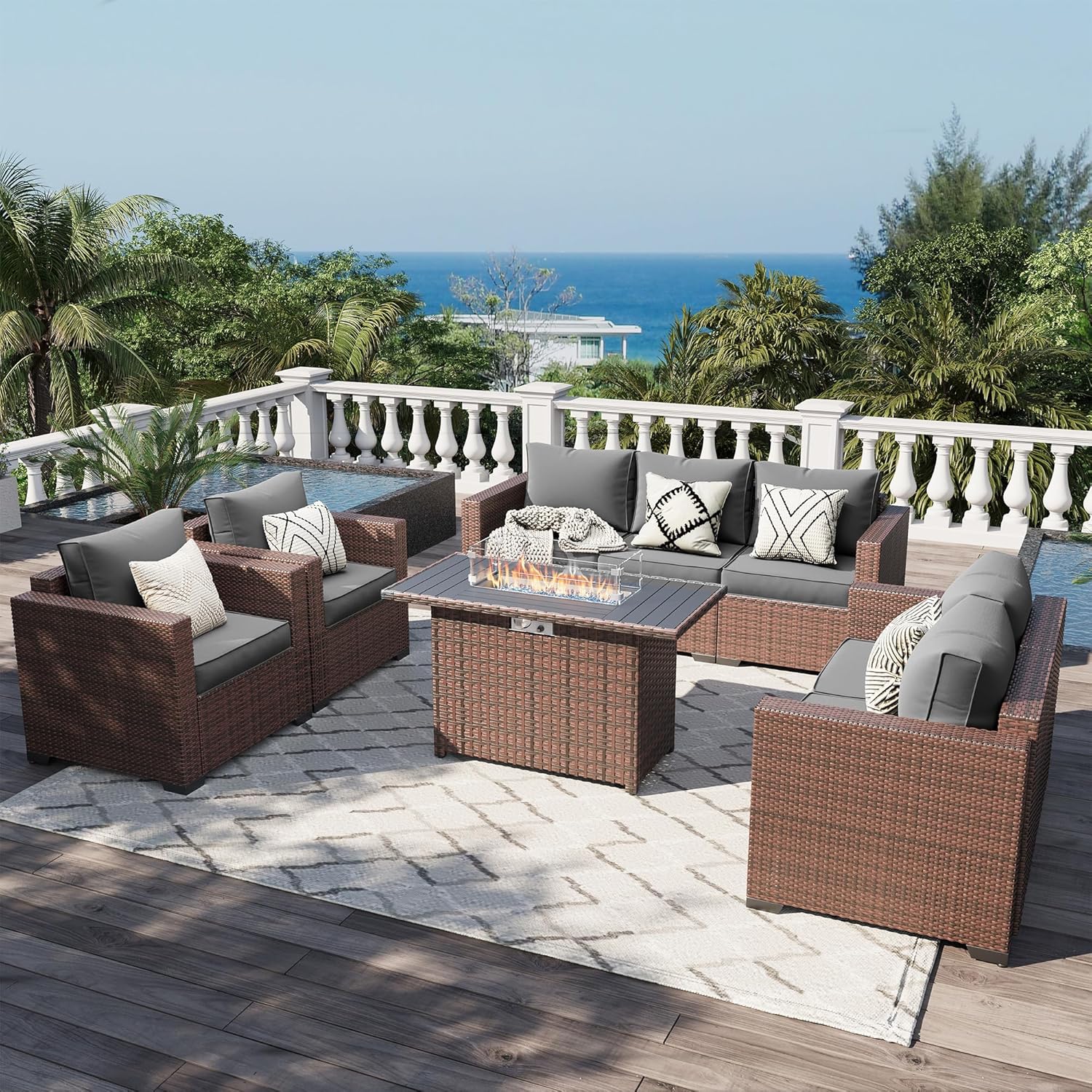 Patio Furniture Set with Fire Pit Table, 5 Pieces Outdoor Furniture Sets, Wicker Patio Conversation Sets w/Waterproof Covers for Backyard, Porch, Balcony, Poolside Dark Grey