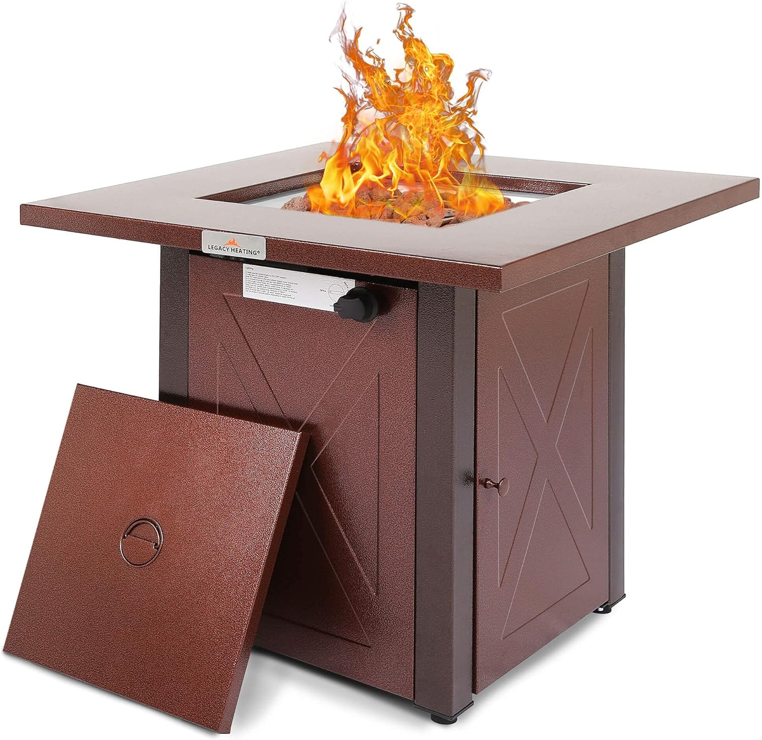 28 Inches Square Outdoor Propane Fire Pit Table – 50,000 Btu, Brown Texture, Burgundy Lid, Lava Rocks, Etl Certified – Patio, Courtyard, Balcony (1 Doors)