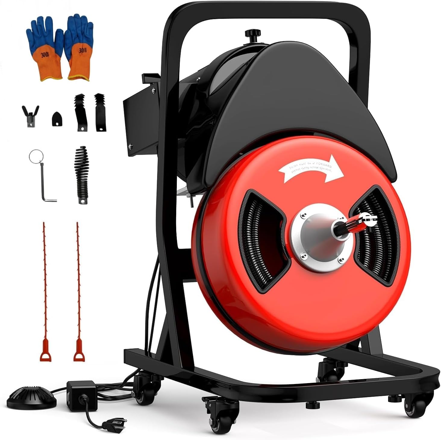 50FT 1/2 Inch Drain Cleaning Machine, Portable Electric Drain Auger with 6 Cutter & Air-Activated Foot Switch, Sewer Snake Drain Cleaner for 1