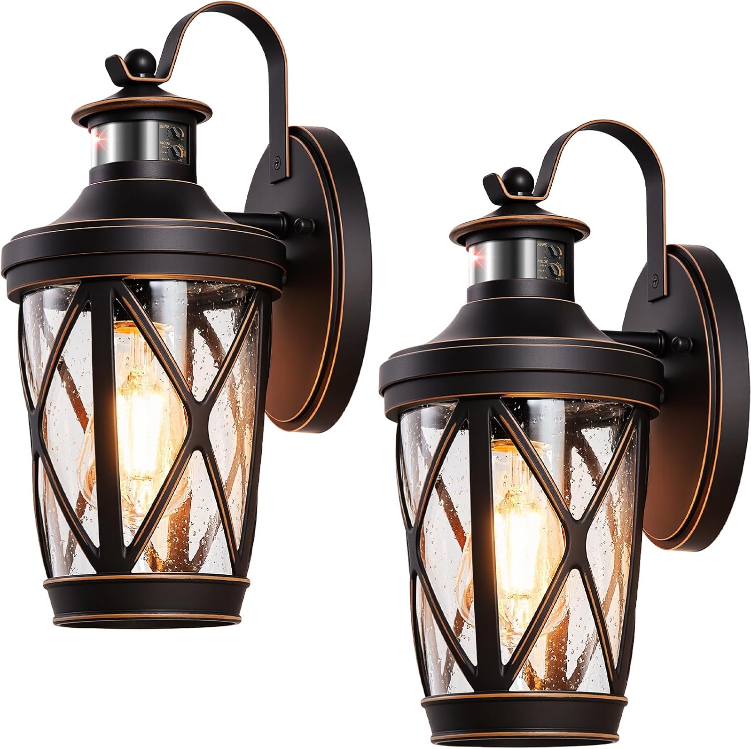 VIANIS Motion Sensor Outdoor Porch Lights Wall Mount, 2-Pack Modern Dusk to Dawn Exterior Lighting Fixtures, Oil Rubbed Bronze Gold Trim Wall Lanterns for Garage, Waterproof Coach Lights for House
