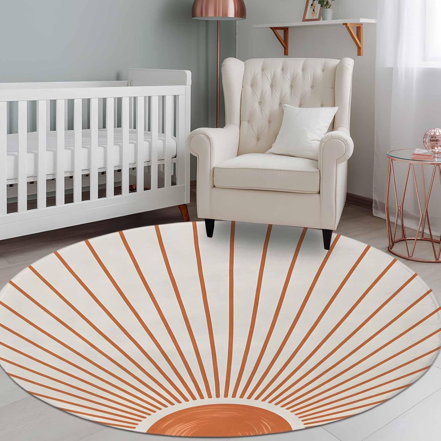 Round Area Rug,8ft Washable Circle Rugs Orange Sun Lines Soft Non-Slip Carpet Indoor Floor Mat for Home Living Room Bedroom Office,Abstract Bohemian Sunset