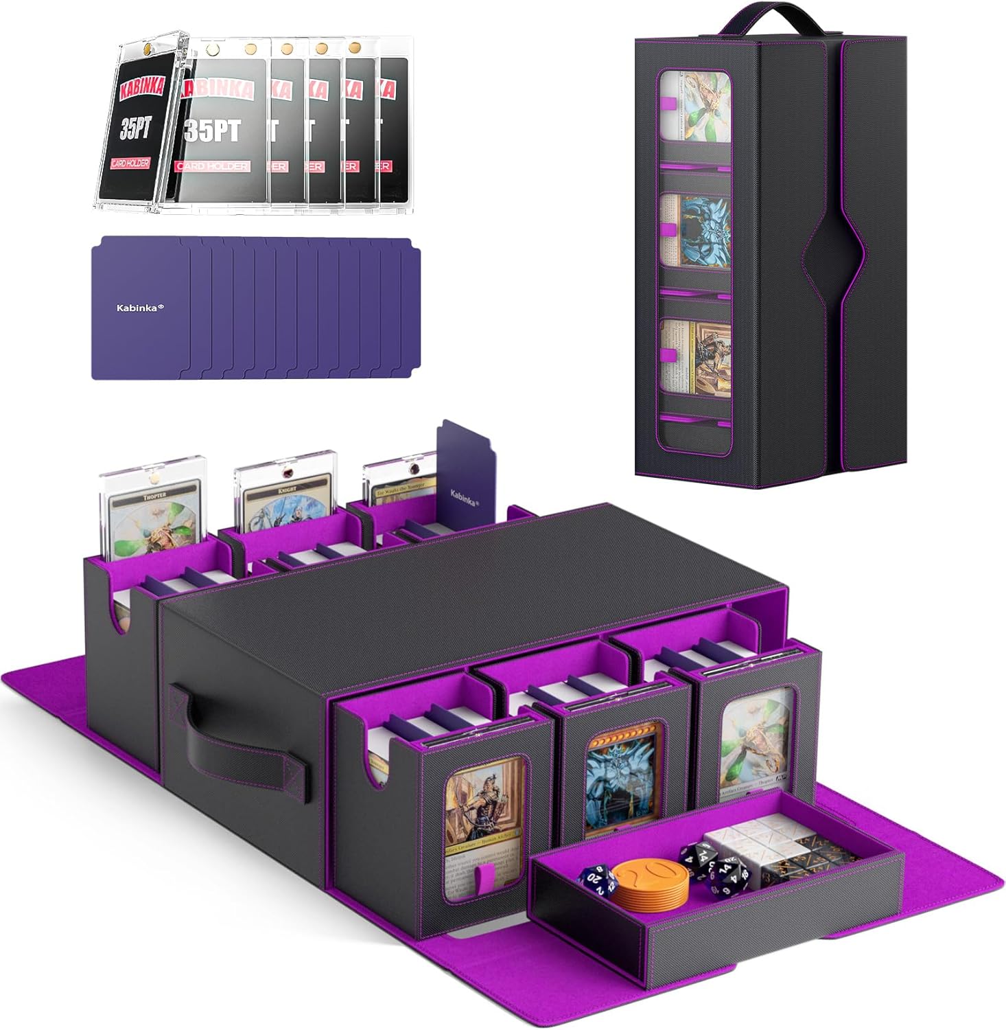 Kabinka MTG Commander Deck Box, 6-Deck Modular Card Case with 100 PCS Card Sleeves, Dice Tray - Holds 600+ Double-Sleeved Cards, 35PT Magnetic Holders for TCG/EDH (Black Purple)