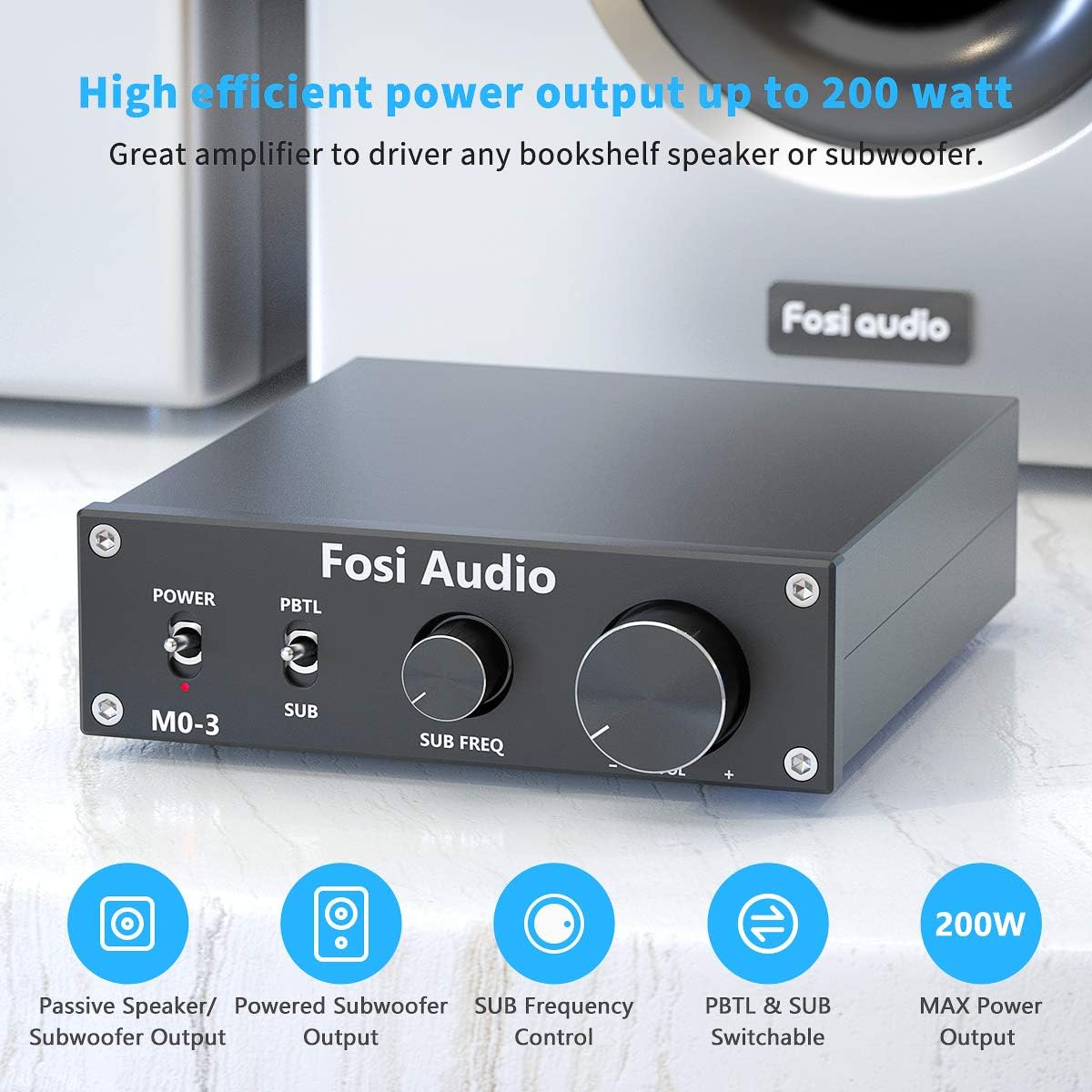 Fosi Audio M03 200 Watt TPA3255 Subwoofer Amplifier Mini Mono Channel Audio Power Amp for Home Theater Full-Frequency and SUB Bass Switchable with 32V/5A Power Supply
