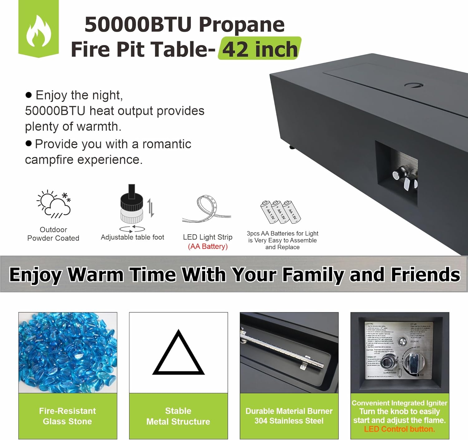 Dineli 2-Piece Outdoor Propane Fire Pit Table Set w Tank Table 42'' Rectangular Firepit Gas Fire Pits for Outside Patio Table Fire Pit w LED, 50,000 BTU (Black, with Warmlight)