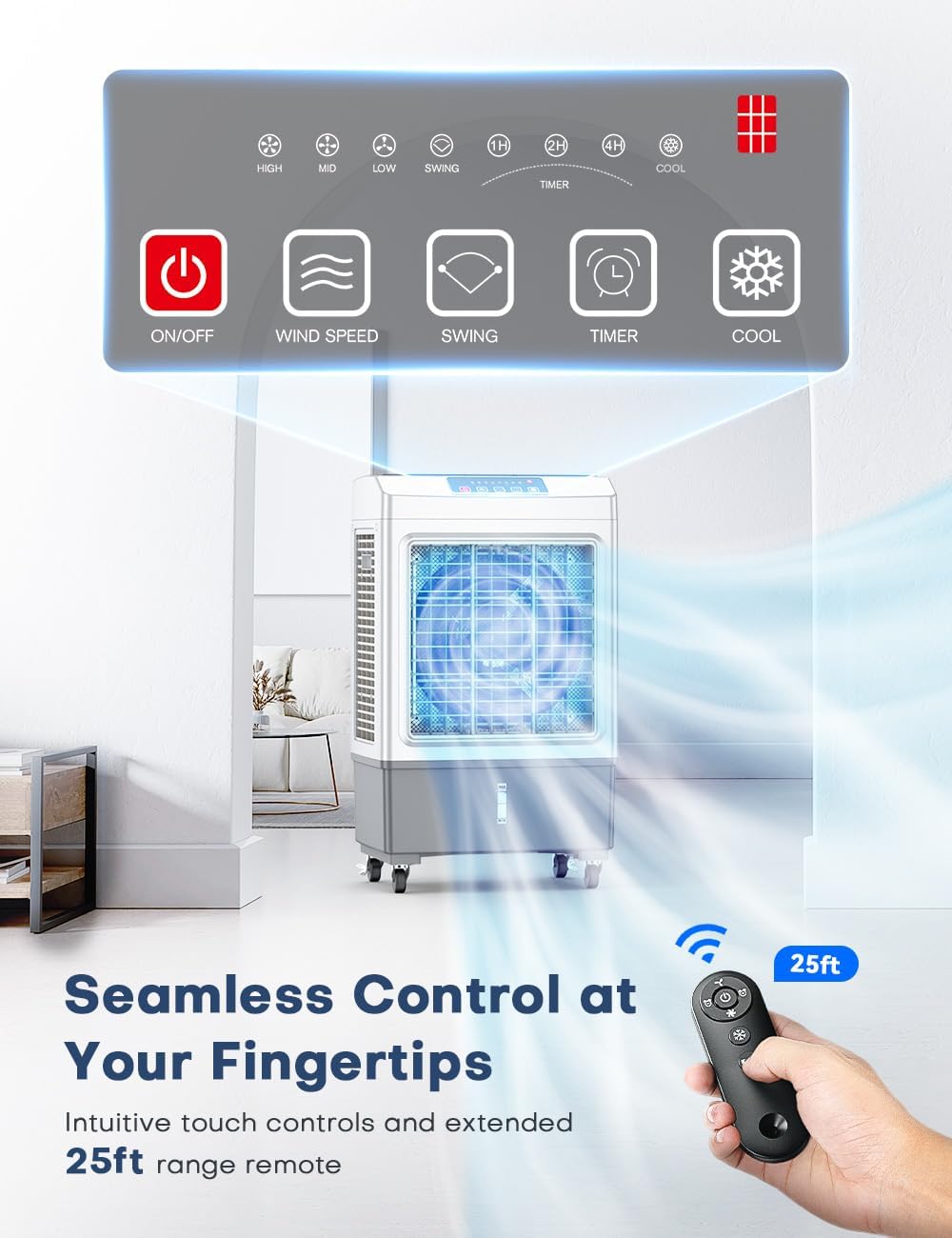 BALKO Evaporative Air Cooler, 2100CFM Windowless Air Conditioner Cooling up to 700 Sq.ft, Swamp Cooler Air Conditioner w/2 Modes & 3 Speeds, 7H Timer & Remote, Portable for Room Garage Patio