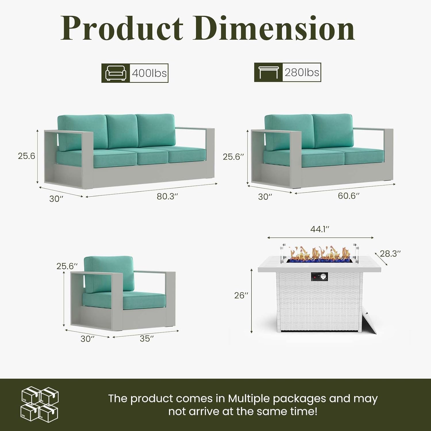 LayinSun Oversized Aluminum Outdoor Furniture Set, 5 Piece Patio Sofa Sets with Fire Pit Table, Deep Seating and Upgraded 6-inch Cushions for Porch, Balcony, Deck
