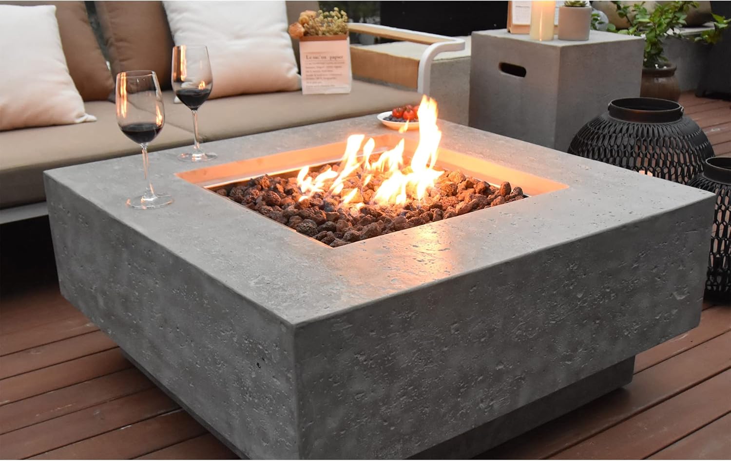 Elementi Manhattan 36' Concrete Natural Gas Outdoor Firepit Table, 22' Square Tempered Glass Wind Screen, and Stainless Steel 21' Firepit Table Cover, Natural Gas - Fire Pit/Table Cover/Wind Screen