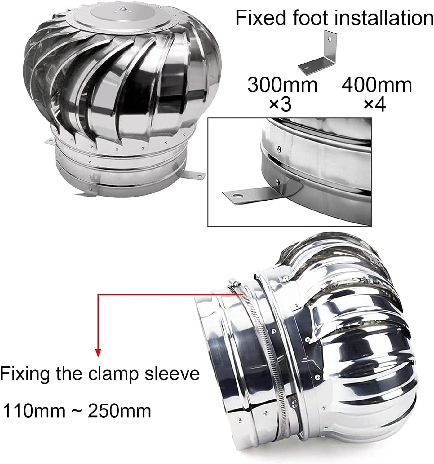 Roof Wind Turbine Cap Vent Round, Internally Braced Wind Turbine, 8 Inch 10 Inch 12 Inch Air Vent Outlet, 304 Stainless Steel, Easy to Install, Galvanized Bracket, Unpowered Rotation(400mm)