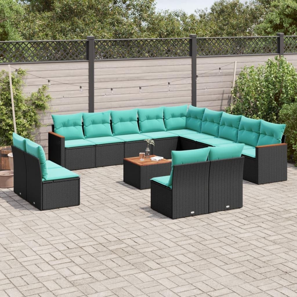 14 Piece Garden Sofa Set with Cushions, Black Poly Rattan Outdoor Patio Furniture, Modular Design for Backyard, Terrace, Balcony