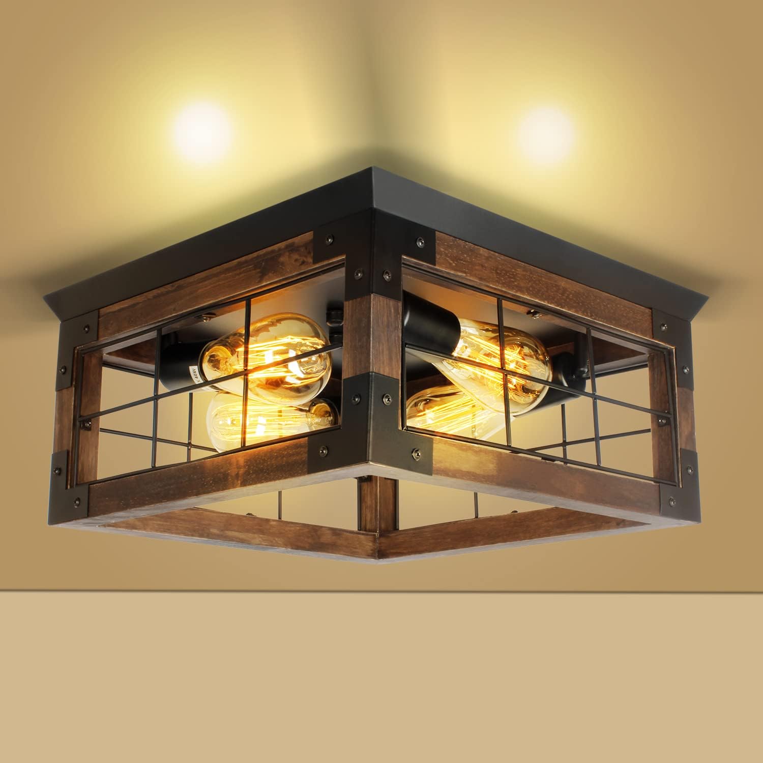 Farmhouse Flush Mount Ceiling Light Fixture, 4-Lights Rustic Wood Square Ceiling Light Farmhouse Light Fixture for Dining Room Kitchen Livingroom Bedroom Porch