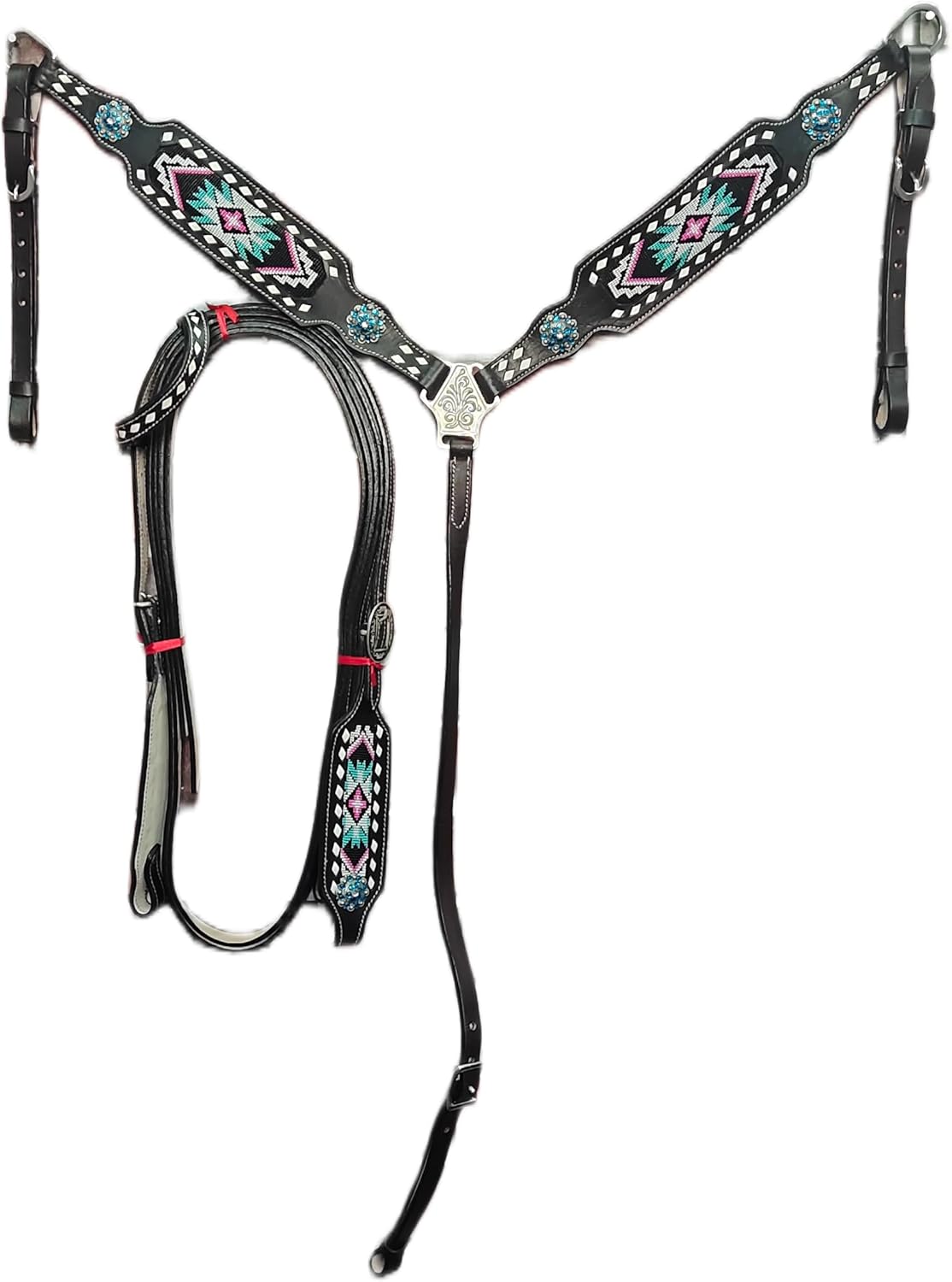 Western Premium Leather Hand Beaded Headstall, Breast Collar, Reins Tack Set Equestrian Trail Accessories Carved Tooled Comfortable Horse Riding Training Size: Full