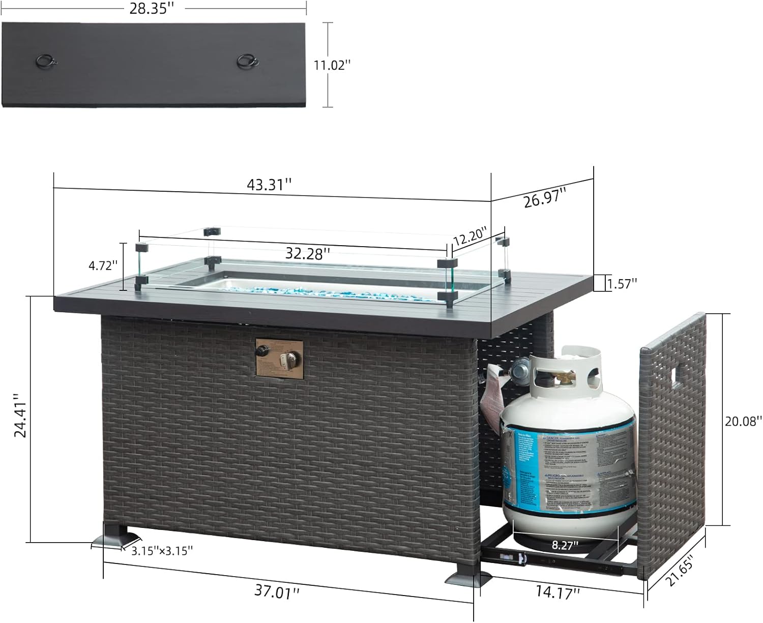 Domi 43’’ Wicker Patio Propane Gas Fire Pit Table 50,000 BTU CSA Certified Fire Table with Aluminium Wooden-Like Tabletop, Glass Wind Guard, Waterproof Cover Patio Backyard Garden Outdoor Indoor