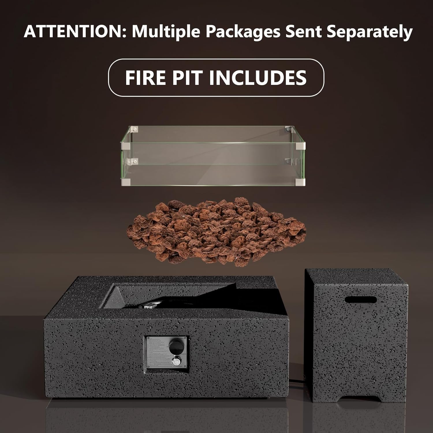 HOMPUS 35 inch Outdoor Propane Fire Pit & Outdoor Fireplaces, Coffee Table Square Faux Stone Base, 50000 BTU Stainless Steel Burner, Free Lava Rocks and Rain Cover, Wind Guard, Tank Cover, Gray