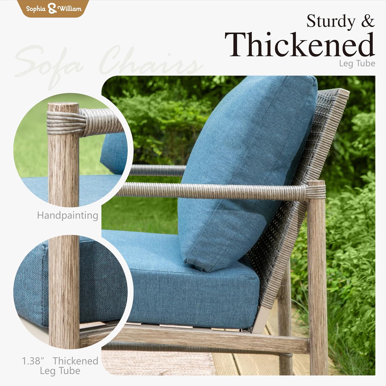 Sophia & William 4-Piece Outdoor Wicker Patio Conversation Set, 3-Seat Sofa, 2 Fixed Sofa Chairs, 1 Fire Pit Table, All-Weather Rattan Patio Furniture for Garden