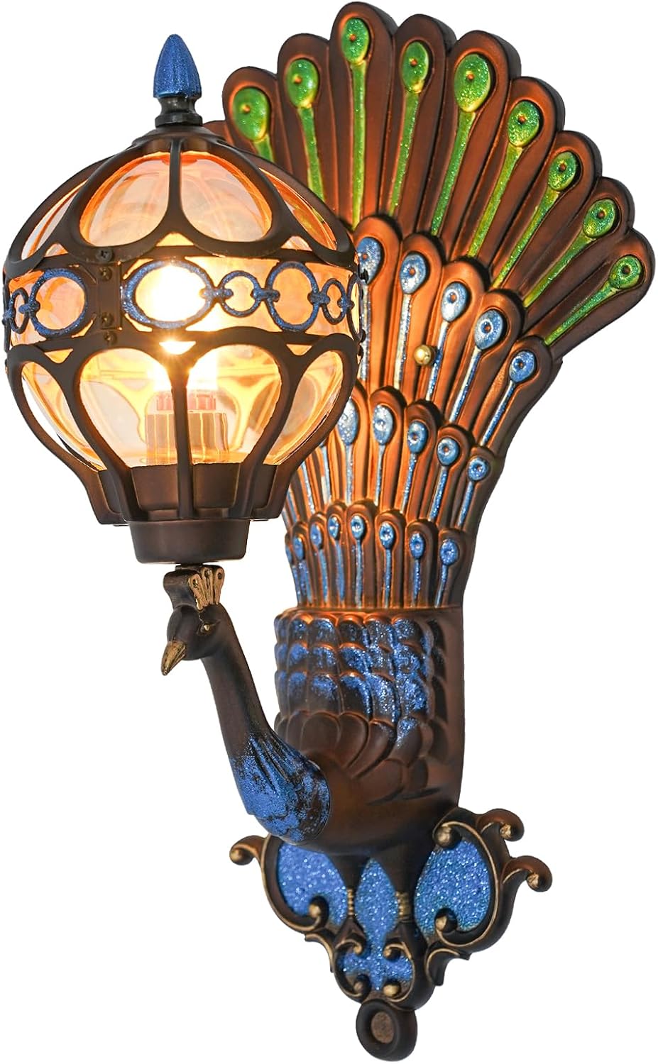 Peacock Wall Lamp, Wall Light Fixture with Glass Shade, Retro Antique Art Decor Wall Sconce,Indoor Outdoor Peacock Wall Light for Bedroom Bathroom Living Room