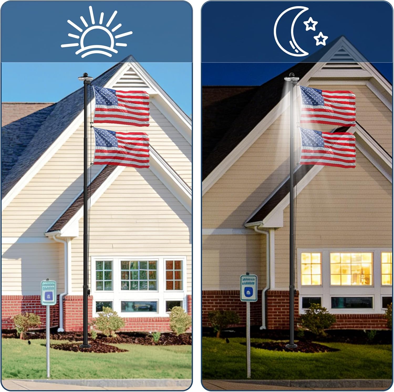 25 FT Black 11‑Gauge Heavy Duty Flag Pole with Solar Light, Aluminum Flagpole Kit with 3x5 Embroidered USA Flag for Outside House In‑Ground,Commercial,Residential,Resistance High Winds