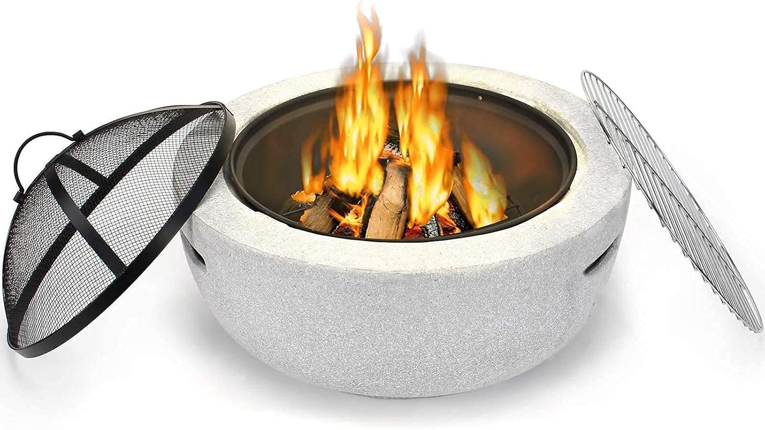 Outdoor Fire Pit, Concrete Round Firepit Charcoal and Wood Burning Firepit Bowl Bonfire with Spark Screen, Grate, and BBQ Grill, for Outdoor Patio Garden Backyard Decking