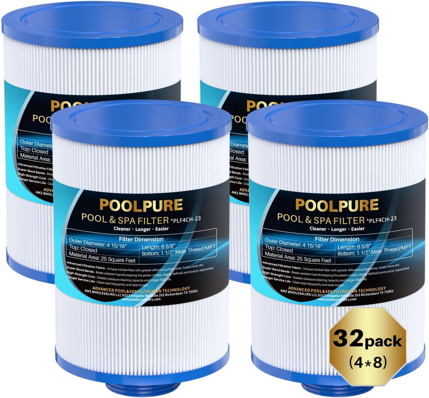 POOLPURE Pack of 32 4CH-23 Spa Filter Compatible with PFF25TC-P4, Lifesmart 303263, 78459, Filbur FC-2400, Excel Filters XLS-442, Freeflow Lagas FF-100 CLX Claro, SD-00206, Aladdin 12536