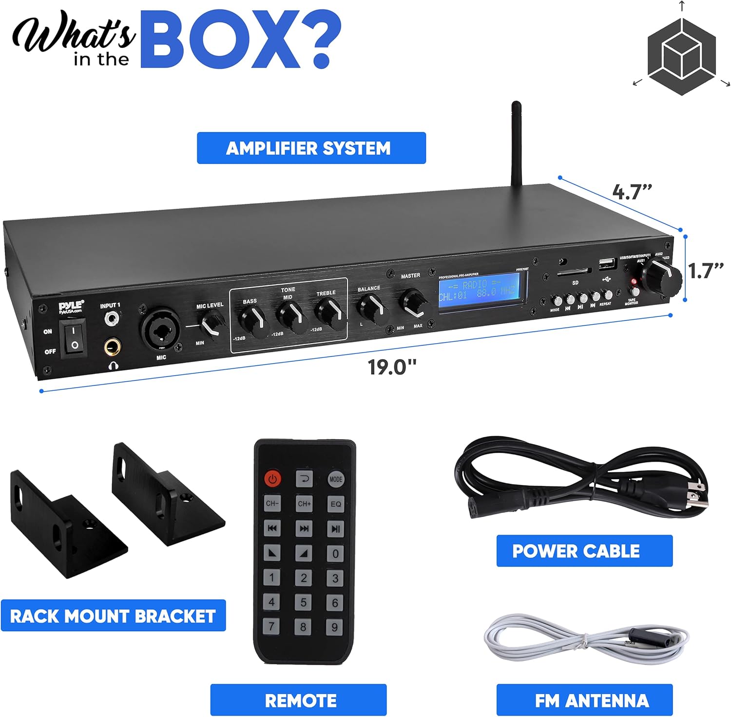 Pyle Rack Mount Studio Pre-Amplifier - Audio Receiver System w/ Digital LCD Display Bluetooth FM Radio Recording Mode Remote Control USB Flash or SD Card Reader Input and Output Jack - PPRE70BT