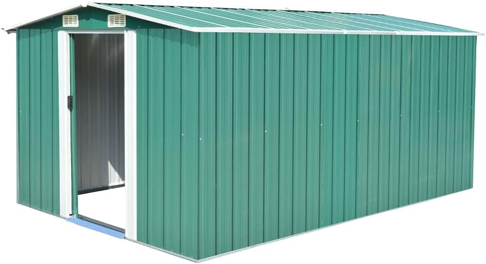 vidaXL Durable Green Garden Shed, Weather- Outdoor Storage House, Double Sliding Door, Galvanized Steel Tool Shed with Ventilation.