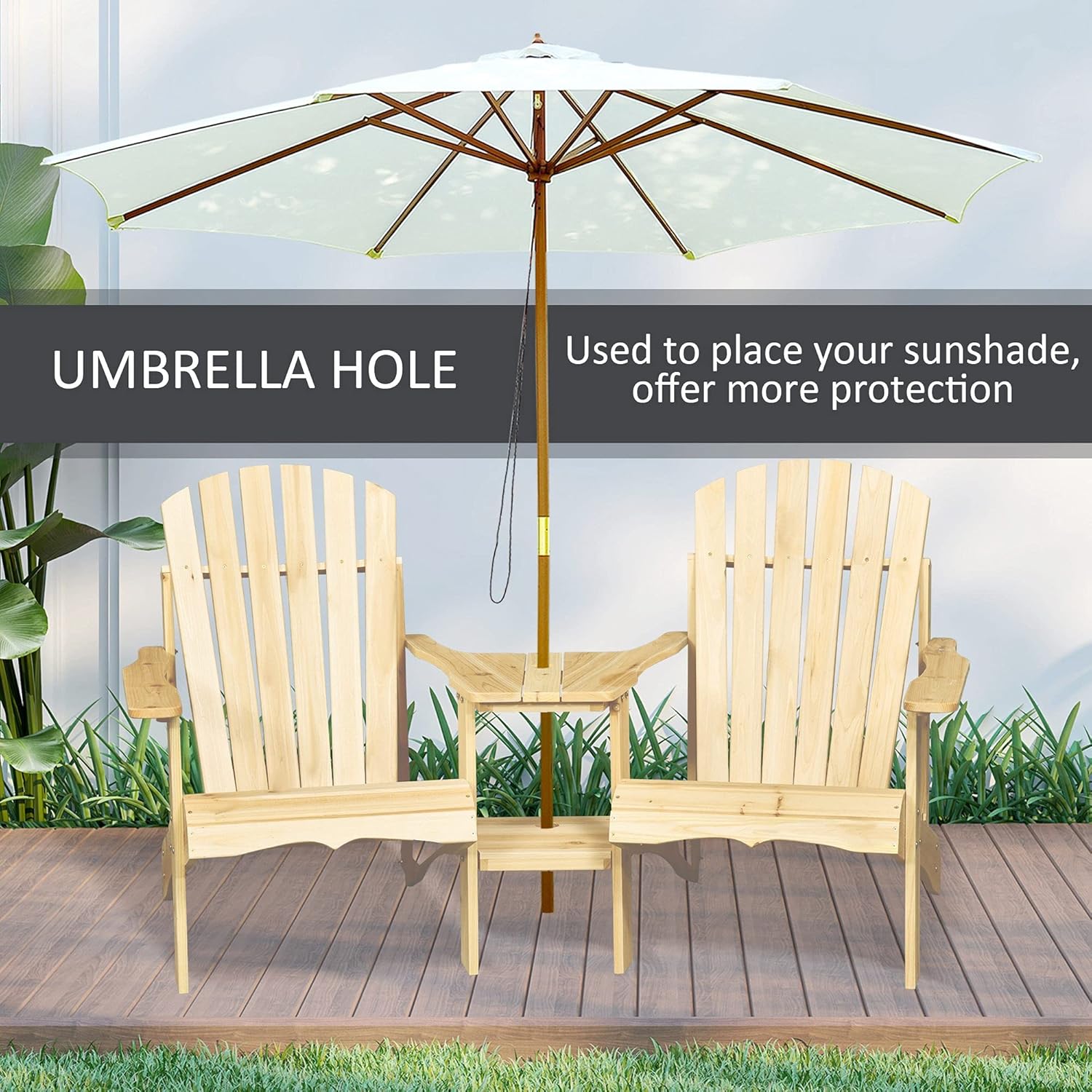 Wooden Chair for Two, Outdoor Fire Pit Chair Set with Table Umbrella Hole, Patio Chairs for Deck Lawn Pool Backyard, Natural