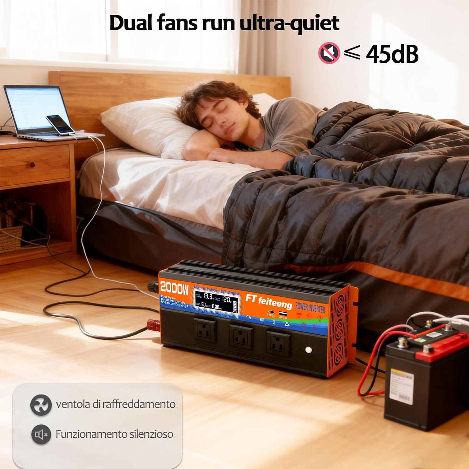 2000W Power Inverter 12v DC to 110v 120v AC with Remote 3 AC Outlets, USB Port, Dual Smart Fans, Cables Included LCD Display Power Inverter for Vehicle for Rv Truck Camping & Home Emergency Use