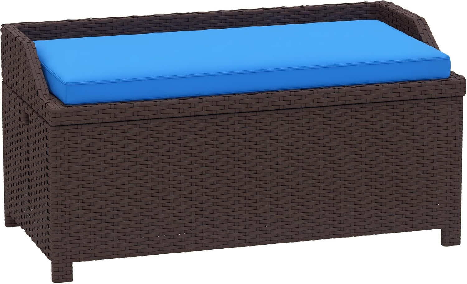 Outsunny Outdoor Wicker Storage Bench Deck Box, PE Rattan Patio Furniture Pool Storage Bin Container with Interior Waterproof Cloth Bag and Comfortable Cushion, Navy Blue