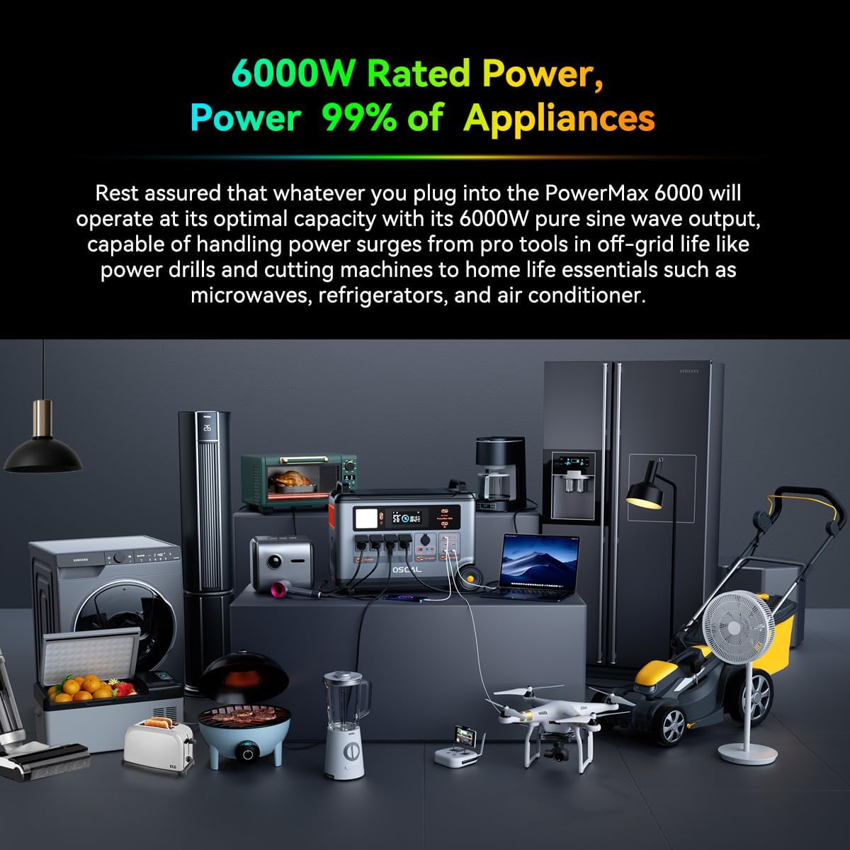 OSCAL Portable Power Station, 3600Wh Camping Lithium Battery, Expandable to 57.6kWh, 6000W(Surge 7200W) AC Output with 120V/240V, Solar Generator for Home Backup Outdoor Emergency RV Hunting Travel