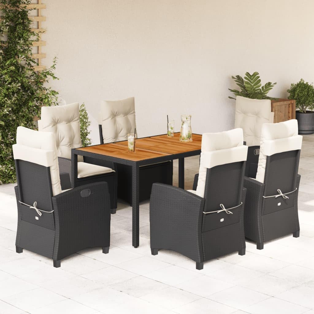 7 Piece Patio Dining Set with Cushions Black Poly Rattan,Functional Outdoor Dining Set with Adjustable Backrest and Comfortable Cushions Furniture Sets for Patio, Lawn & Garden