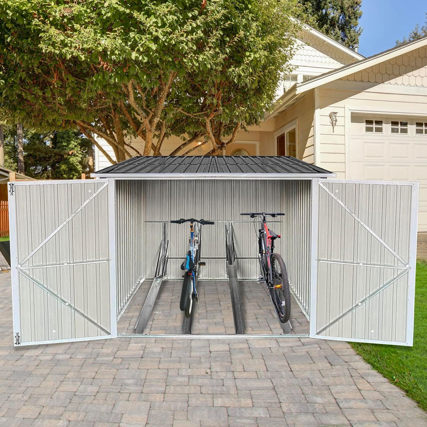 Metal Bicycle Storage Shed for 4 Bikes, Outdoor Low-Profile Steel Shed with Lockable Double Doors & Adjustable Tracks, Water-Resistant Bike Storage Cabinet for Backyard