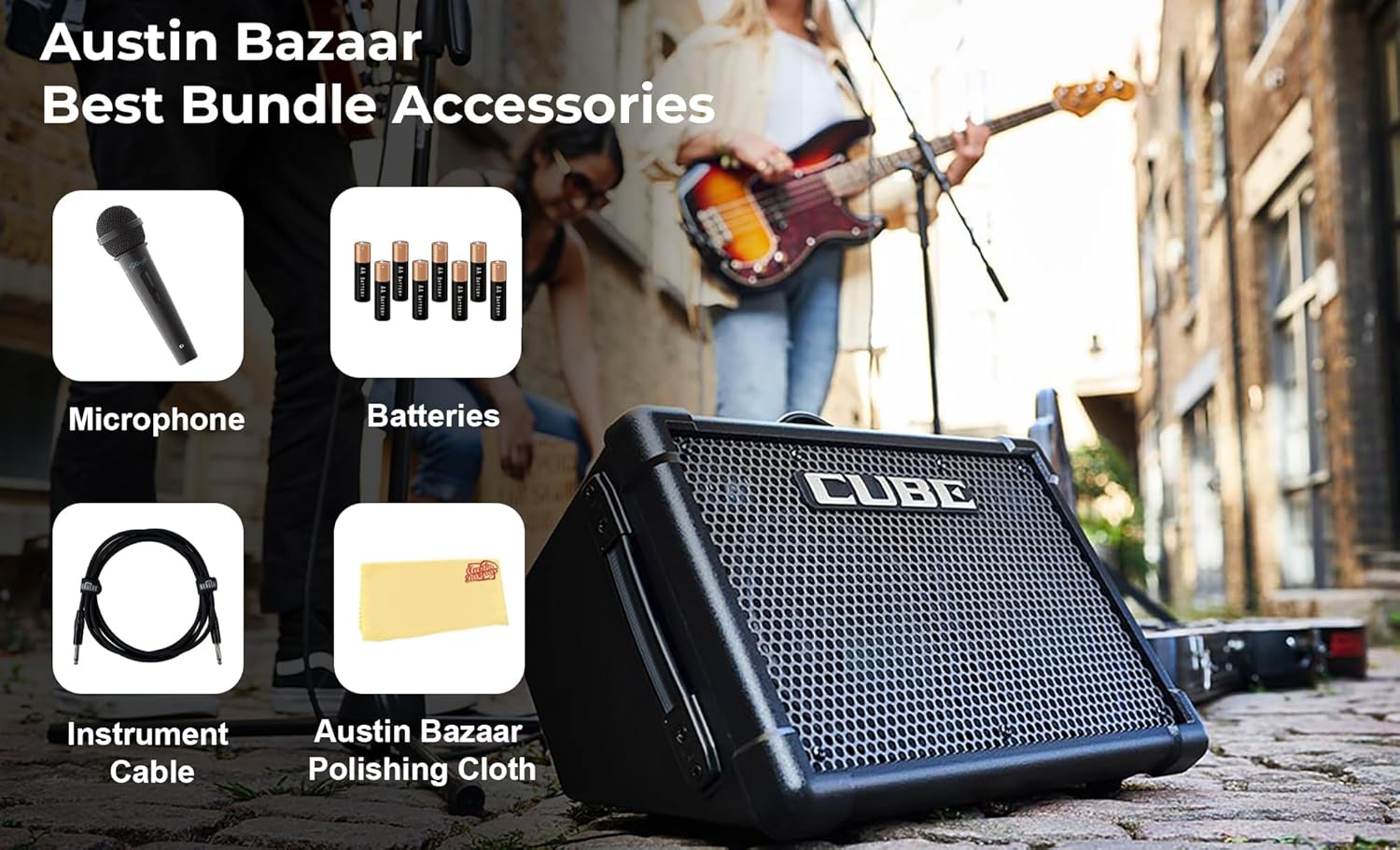 Roland Cube Street EX 4-Channel 50-Watt Battery-Powered Amplifier Bundle with Microphone, Instrument Cable, Batteries, and Austin Bazaar Polishing Cloth