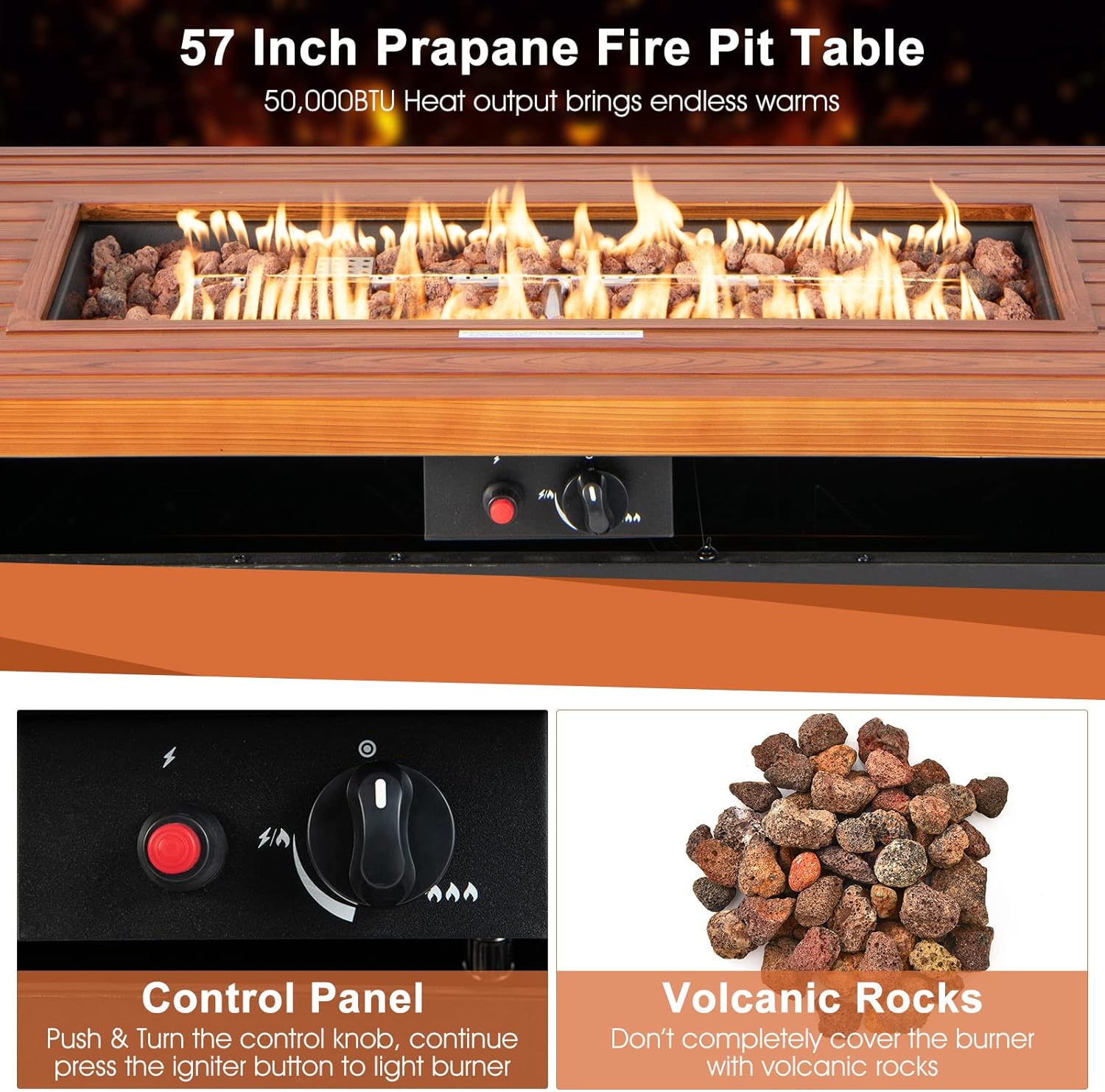 Giantex Propane Fire Pit Table 57-Inch - 50,000 BTU Gas Fire Pits for Outside Patio, Auto-Ignition, Heat Resistance Tabletop, Lid, Lava Rocks, Firepit for Outdoor Rectangular Fire Table (Brown)