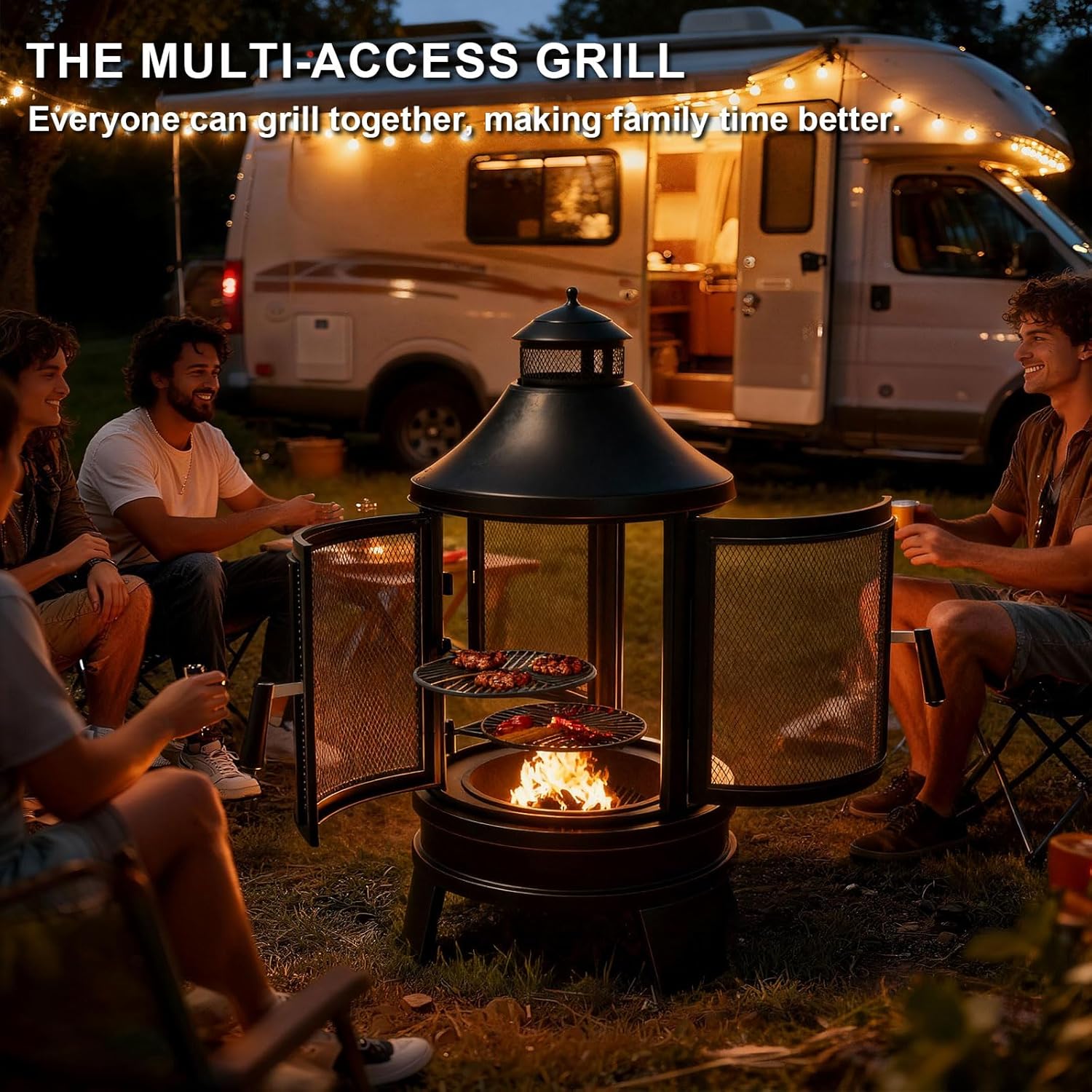 ALAULM Metal Chiminea Fire Pit with Grill, 2 in 1 Firepit with Adjustable Grill Tray & Mesh Spark Screen Door, 3-Door Multi-Access Fireplace for Patio, Garden & Backyard