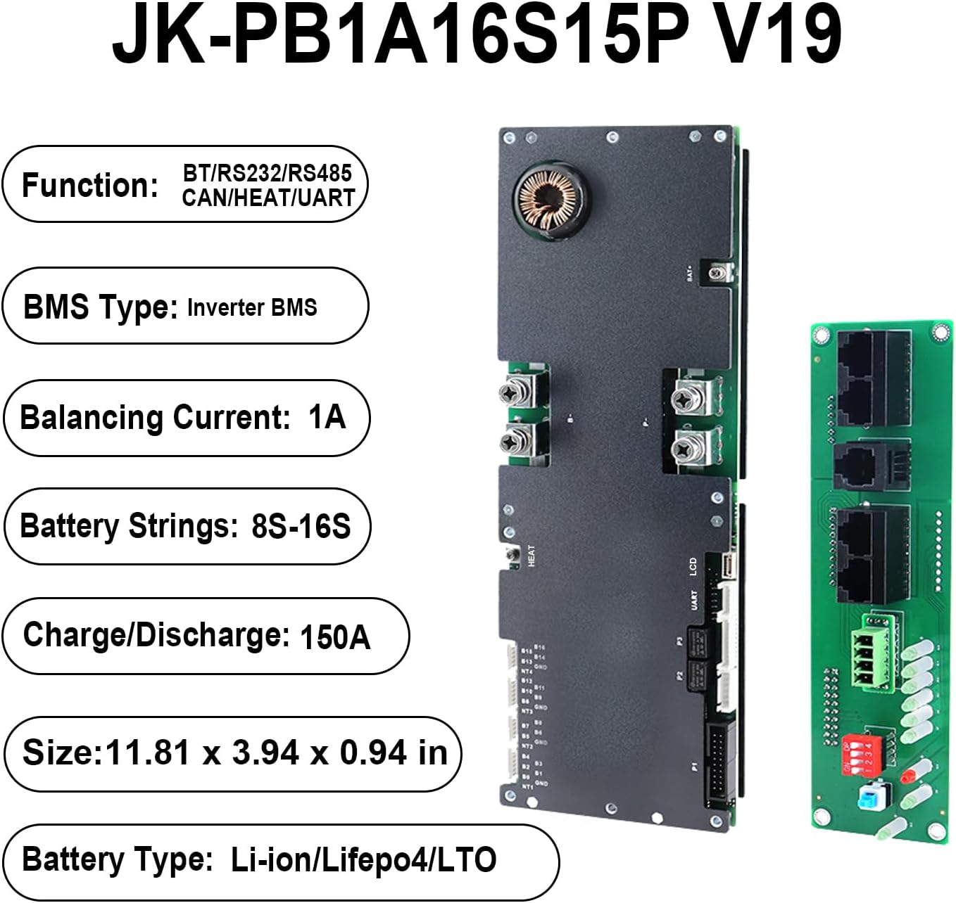 JKBMS Inverter BMS 8S-16S 24V-48V 150A – V19 Home Energy Storage BMS with UART for New Display, 1A Active Balance, Built-in Bluetooth, RS485 & CAN, for Solar System (JK-PB1A16S15P V19)