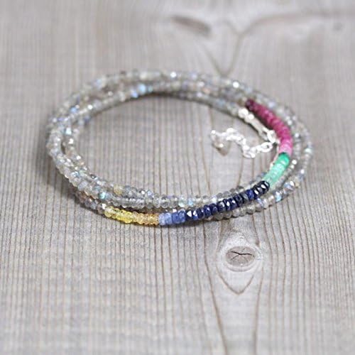 JEWELZ sapphire, ruby, emerald & labradorite long necklace. delicate beaded layering necklace. dainty ombre gemstone. sterling silver, rose gold filledfilled 3.5 to 4mm 16
