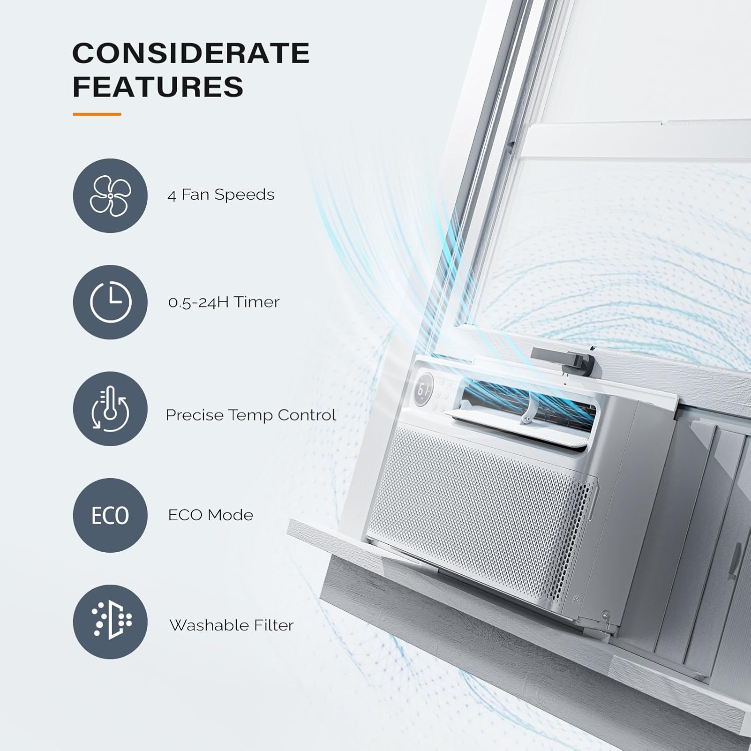 ROVSUN 8000 BTU Window Air Conditioner with Inverter Compressor, AC Unit for Window with Remote Control, Timer Function & Pre-Installed Side Panels for Easy Operation & Installation, 115V/60Hz