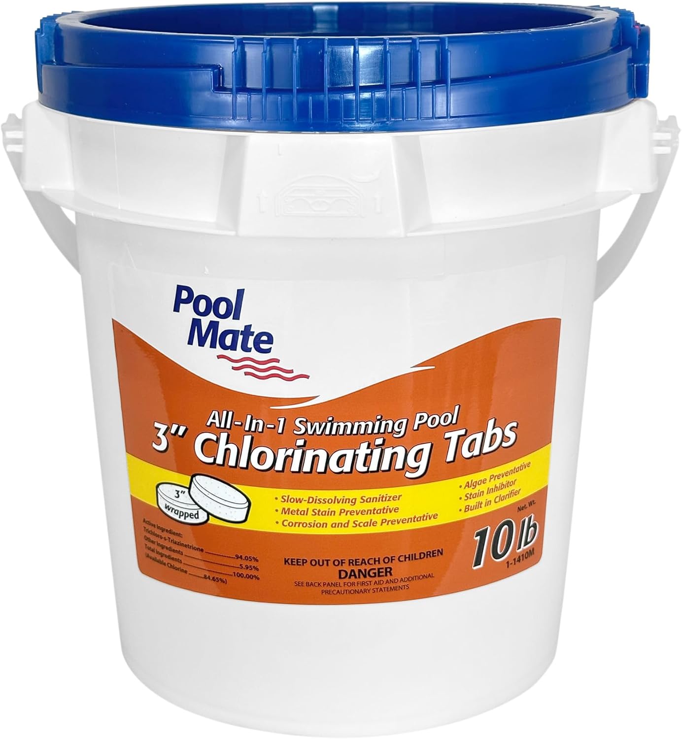 Pool Mate 10-Pounds All-In-1 Swimming Pool 3 Inch Chlorinating Tabs, Chlorine Tablets 3 Inch, Sanitizer, Clarifier, Stain Inhibitor, Algae Control, Descaler, Sunlight Protector All In One, Made In USA