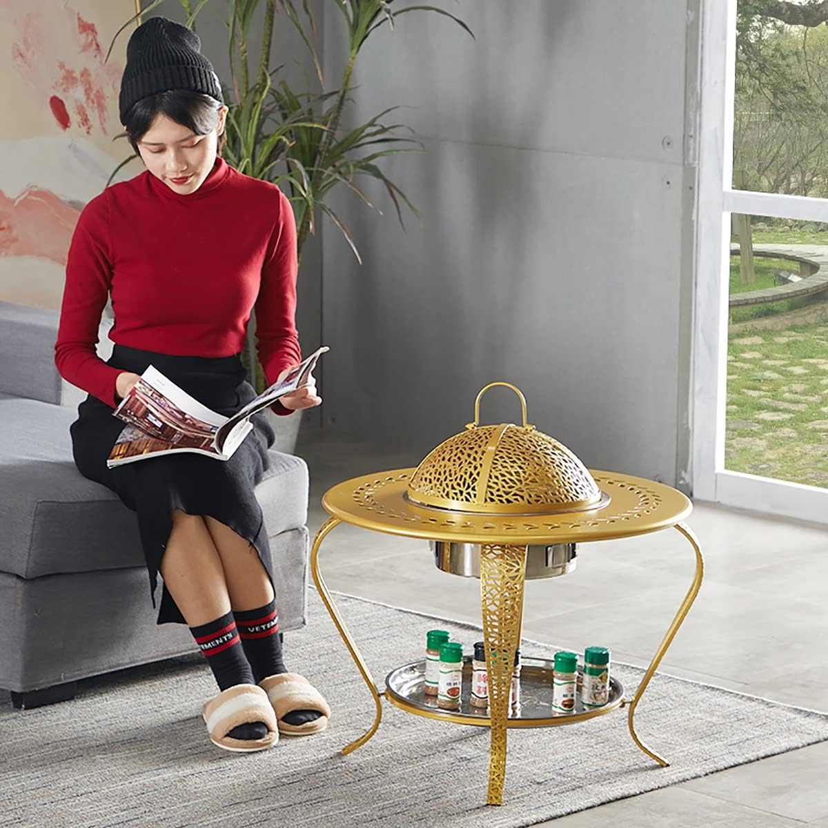 Indoor Charcoal fire Pit Charcoal Stove Home Stove Heating Outdoor Barbecue Grill smokeless Charcoal Stove,for Indoor, Living Room and Outdoor use (Color : Gold, Size : 62x45cm)