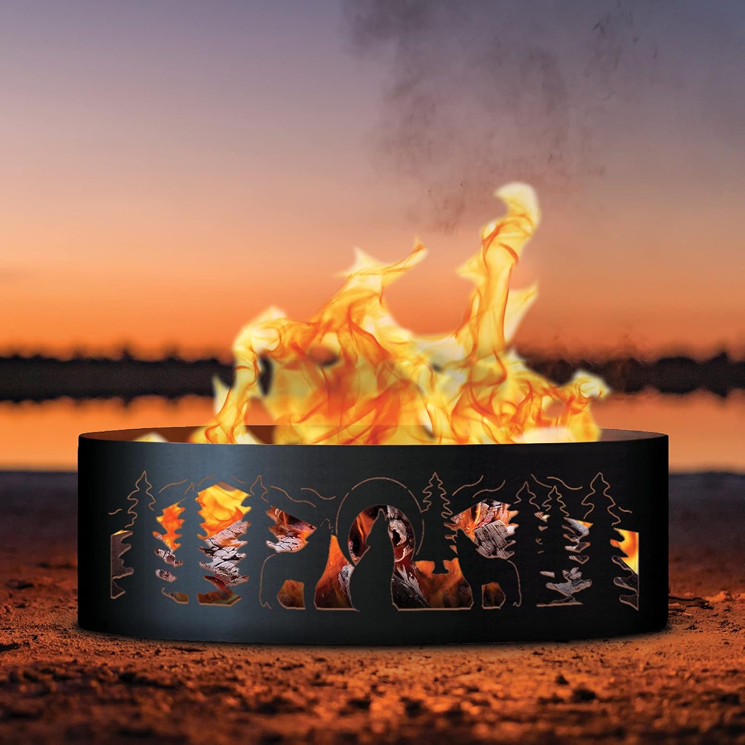 PD Metals WR00437-FP Wolves Unpainted 12 in. Tall 37 in. Diameter Outdoor Fire Ring with Fire Poker - 37 x 37 x 12 in. - Rustic Black Color