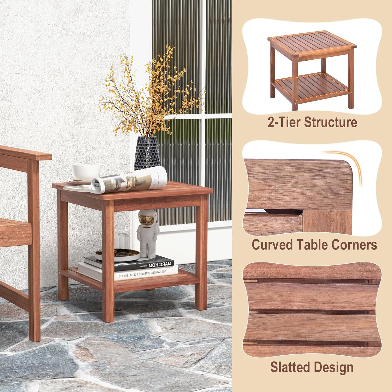 RELAX4LIFE Adirondack Outdoor Side Table - 2-Tier Acacia Wood Square End Tables w/Slatted Tabletop & Shelf for Garden Porch Pool, Indoor Outdoor Companion, Wooden Small Patio Table (2, Natural)
